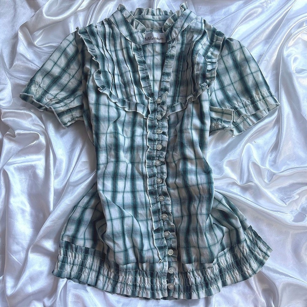 y2k Millenium Ruffle Plaid Blouse Green Smocked Hem Metallic Top